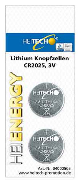 Lithium Knopfzellen CR2025, 2er Pack [HEITECH 04000505]