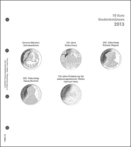 Hoja pre-impresa para monedas 10 Euro commemorativas Alemania 2013 [Lindner 1108D13]