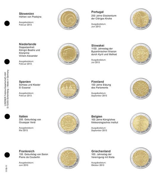 Feuille numismatique pré-imprimée 2-Euro chronolog.: Slovénie 2013 - Grèce 2013 [Lindner 1118-11]