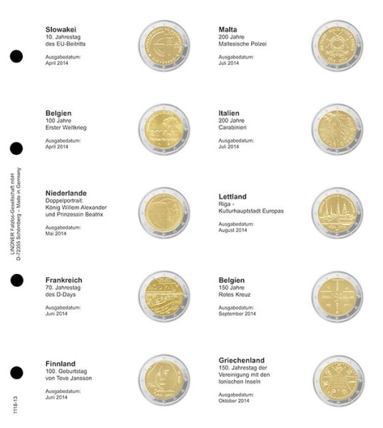Foglio prestampato per monete comm. 2 Euro: Slovacchia 04/2014 - 10/2014 Grecia [Lindner 1118-1113]