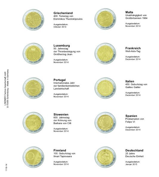 Foglio prestampato per monete comm. 2 Euro: Grecia 10/2014 - 01/2015 Germania [Lindner 1118-1114]