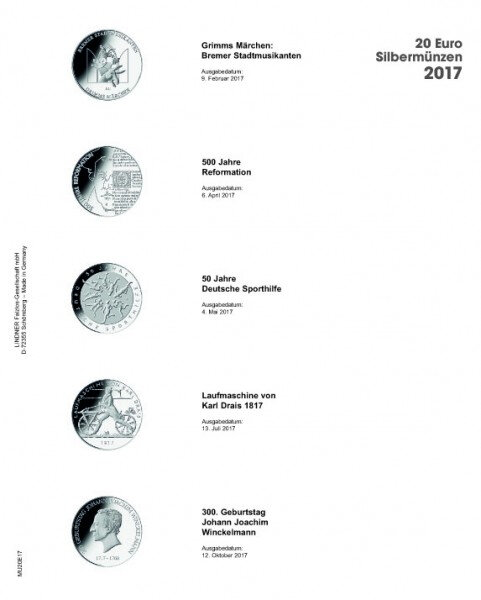 Multi Collect Hoja pre-impresa para monedas 20 Euro commemorativas Alemania 2017 [Lindner MU20E17]