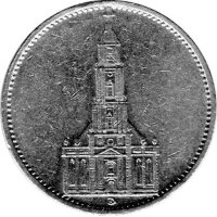 5 Reichsmark Alemania, 1934 D, "Apertura del Reichstag - Iglesia de guarnición" (Jäger: 357) MBC