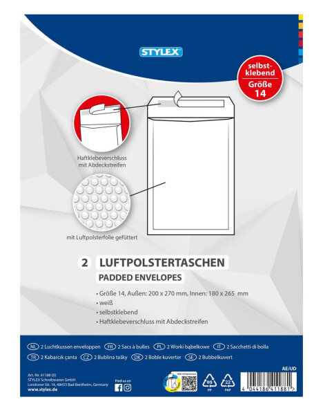 Luftpolstertaschen, Größe 14, 180 x 260 mm innen [Stylex 41188]