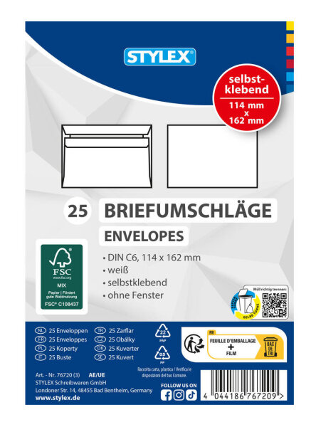 Buste DIN C6 autoadesive senza finestra FSC [Stylex 76720]