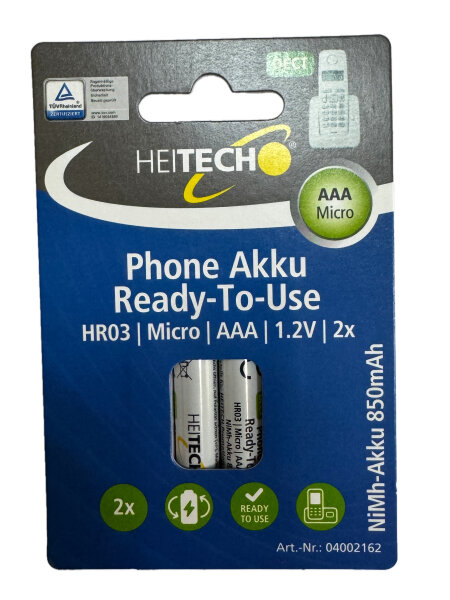 Piles rechargeables NiMH AAA HR03 850 mAh, lot de 2 [Heitech 04002162]
