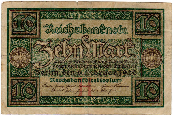 Reichsbanknote (Impero banca nota) 10 Mark, Impero tedesco, 1920
